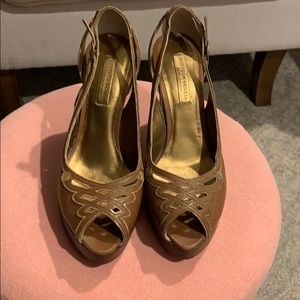 Bottega Veneta open toe brown wedge gold detail